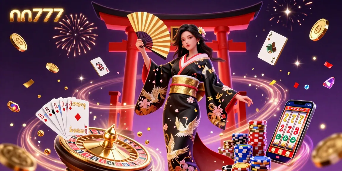 Engage with the vibrant nn777 casino experience, featuring a stunning Asian woman in a modern kimono amidst casino elements.