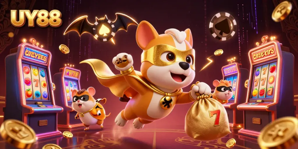 Experience the thrill of UY88 with a superhero dog and sidekick amidst casino-themed action.