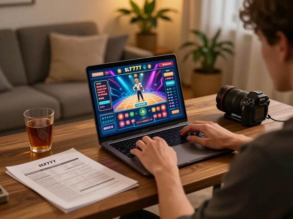 Pemain menikmati permainan kasino online sl777 di rumah dengan pengaturan yang nyaman dan pencahayaan yang hangat.