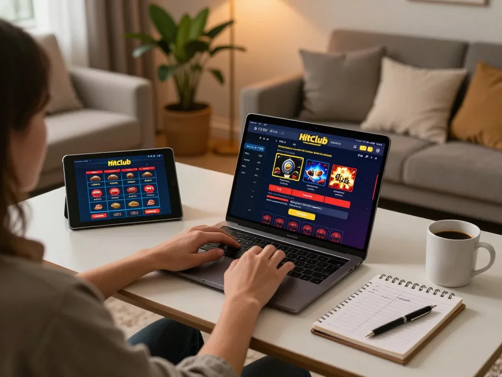 Engaging player using Hitclub on laptop in a cozy home setting, surrounded by strategies and gaming tools.