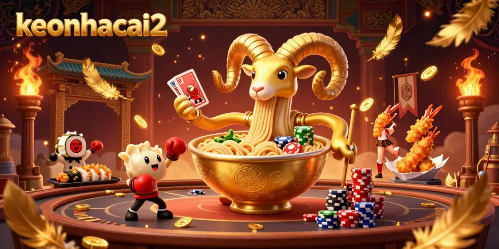Engage in thrilling bets with the lively scene of keonhacai2 featuring a giant ramen bowl dealer and dynamic casino elements.