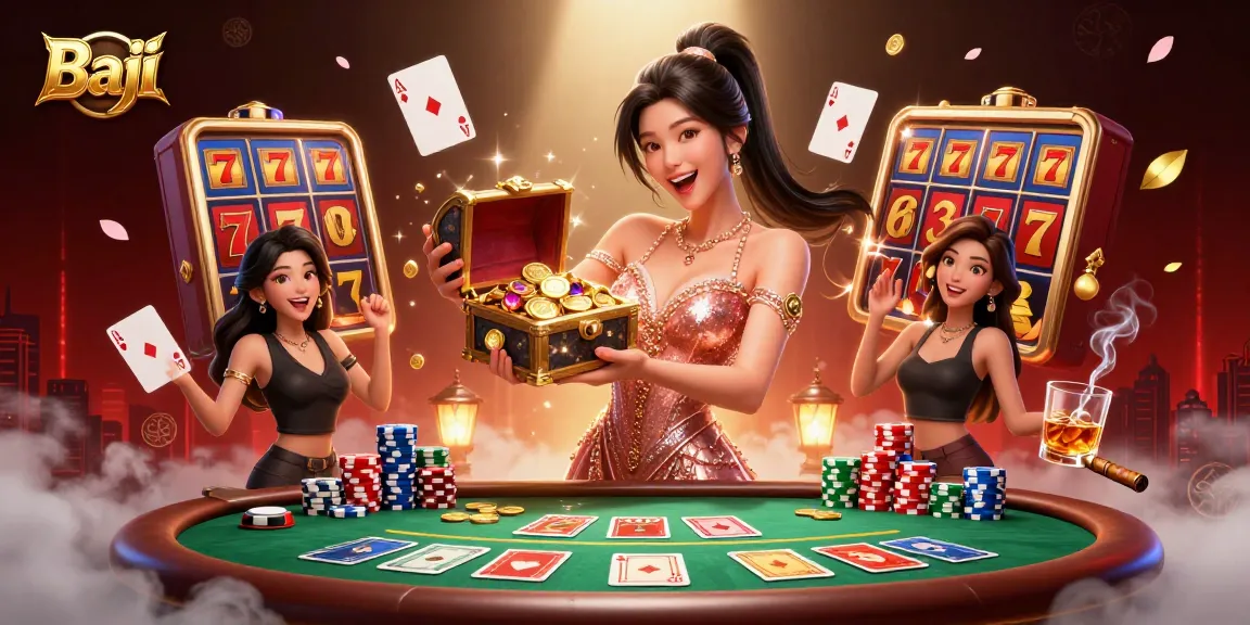Baji showcases an exciting treasure chest of riches amidst a lively poker scene filled with vibrant casino elements.