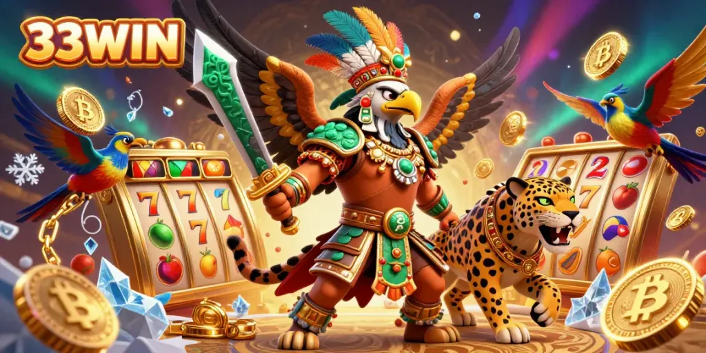 Engage with 33WIN at a vibrant slot machine scene featuring an Aztec warrior and jaguar, with shimmering coins and jackpot symbols.
