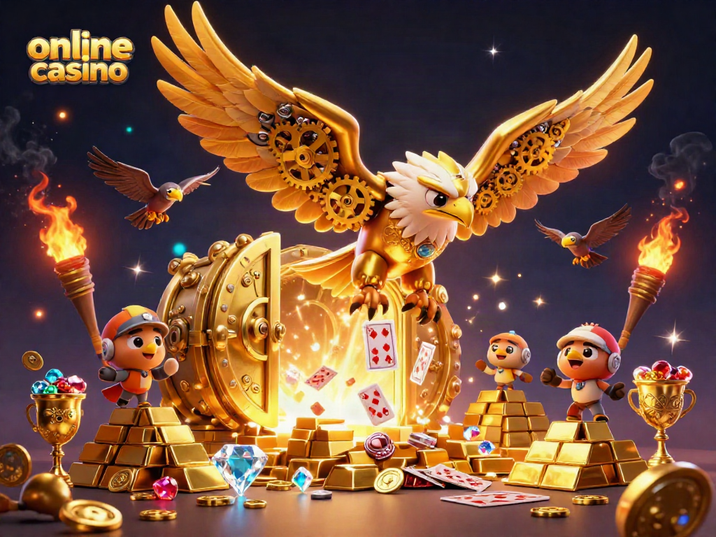 Engaging scene featuring a cybernetic eagle amidst holographic playing cards, showcasing an online casino environment.