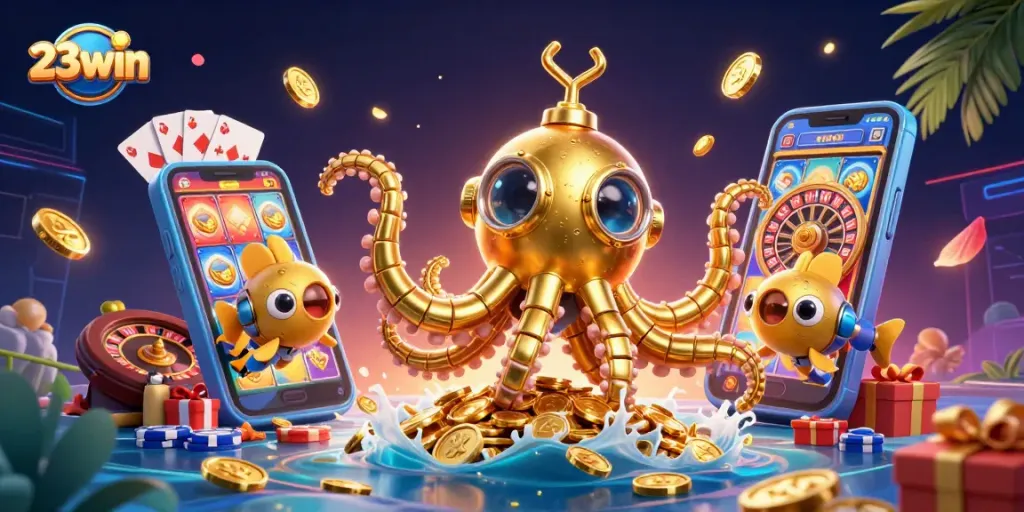 Engage with exciting games at 23win, featuring a vibrant 3D casino scene with golden kraken and slot reels.