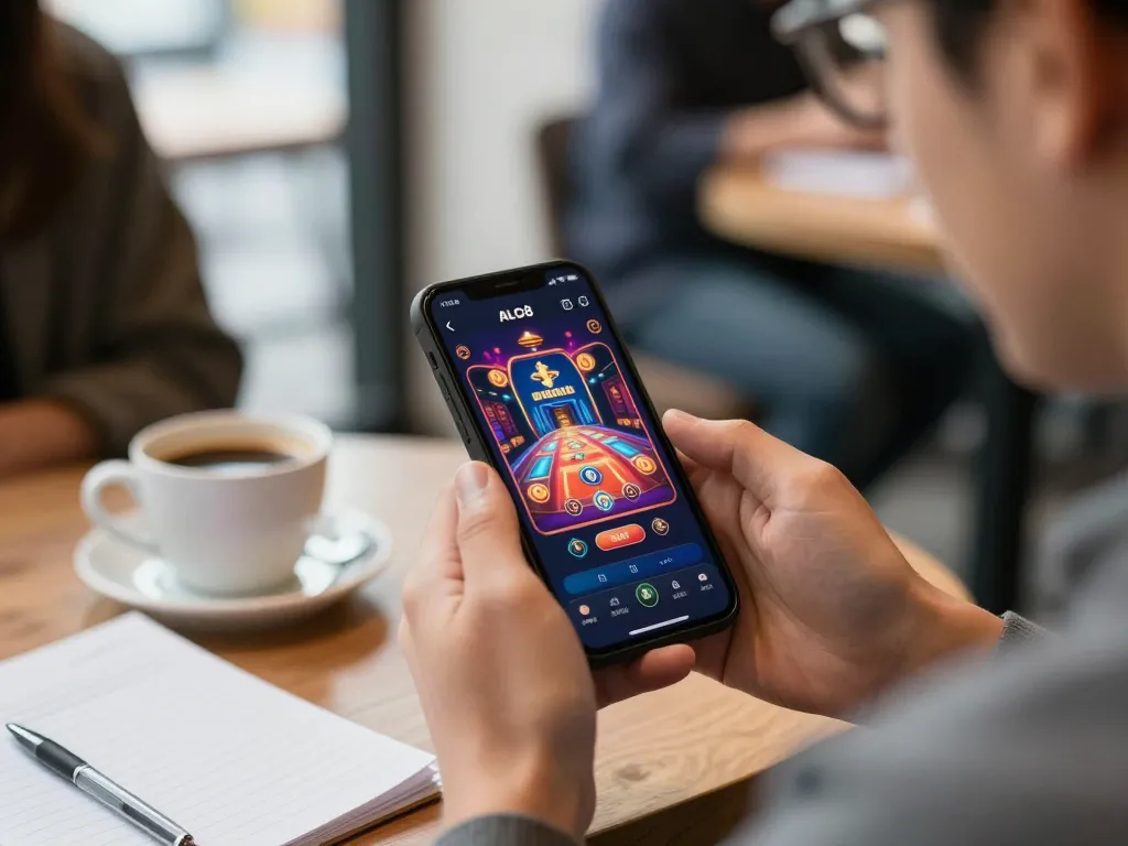 Engaging with the ALO8 app on a smartphone for online gaming.