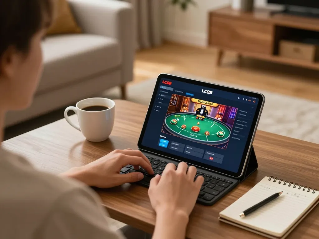 Person using tablet to access LC88 đăng nhập for online casino games in cozy home setup.