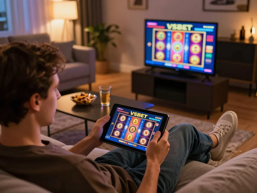 Player enjoying thrilling Vsbet slots on a cozy living room tablet setup