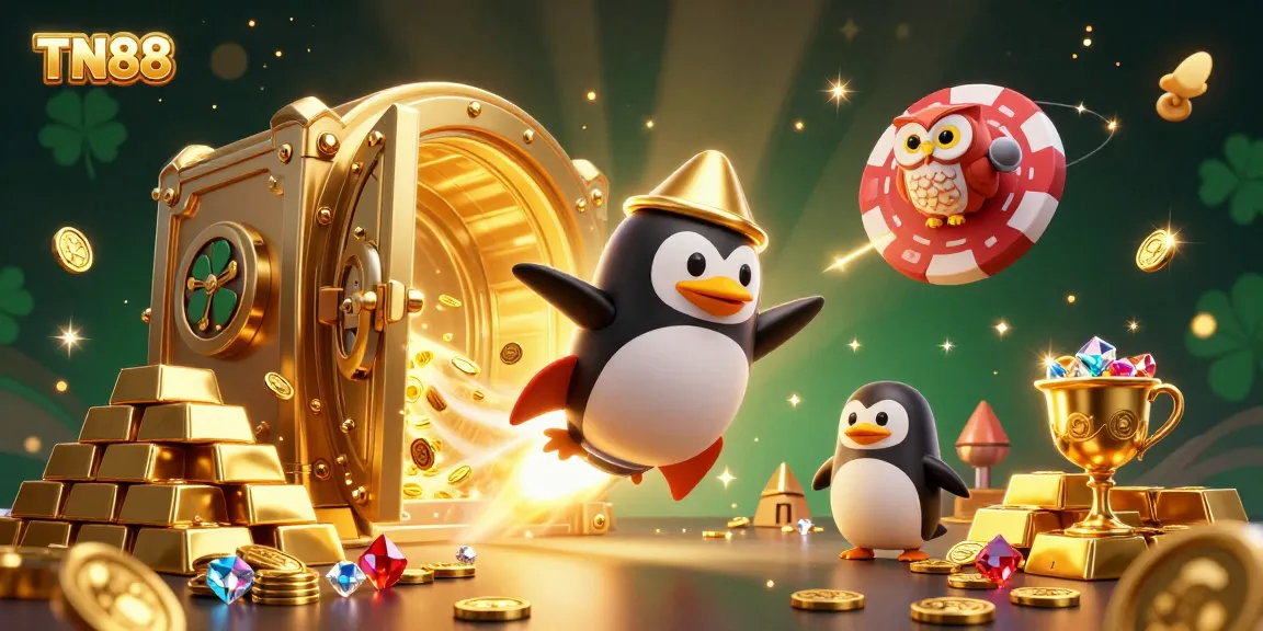 Experience the thrill of TN88 with a vibrant casino space illustration featuring golden treasures and a playful penguin.
