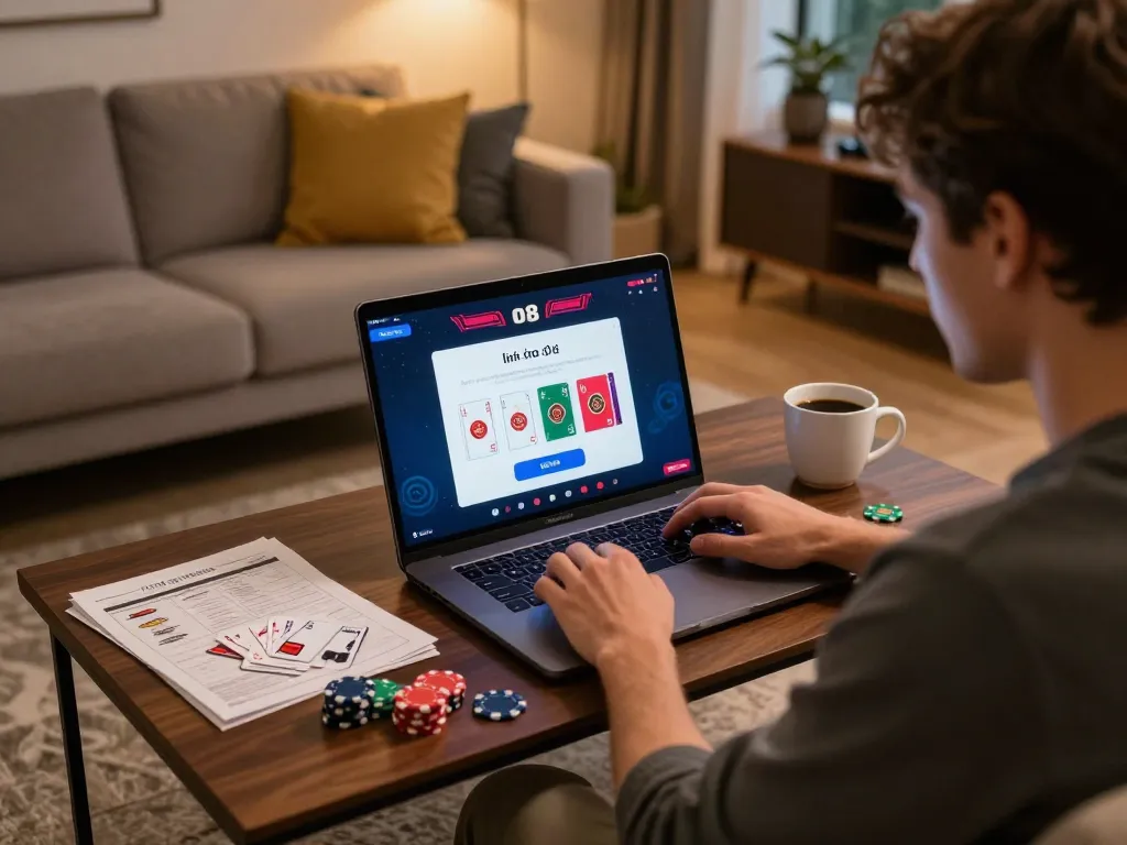 Engaging with link vào o8 online gaming interface on a laptop in a cozy home setting