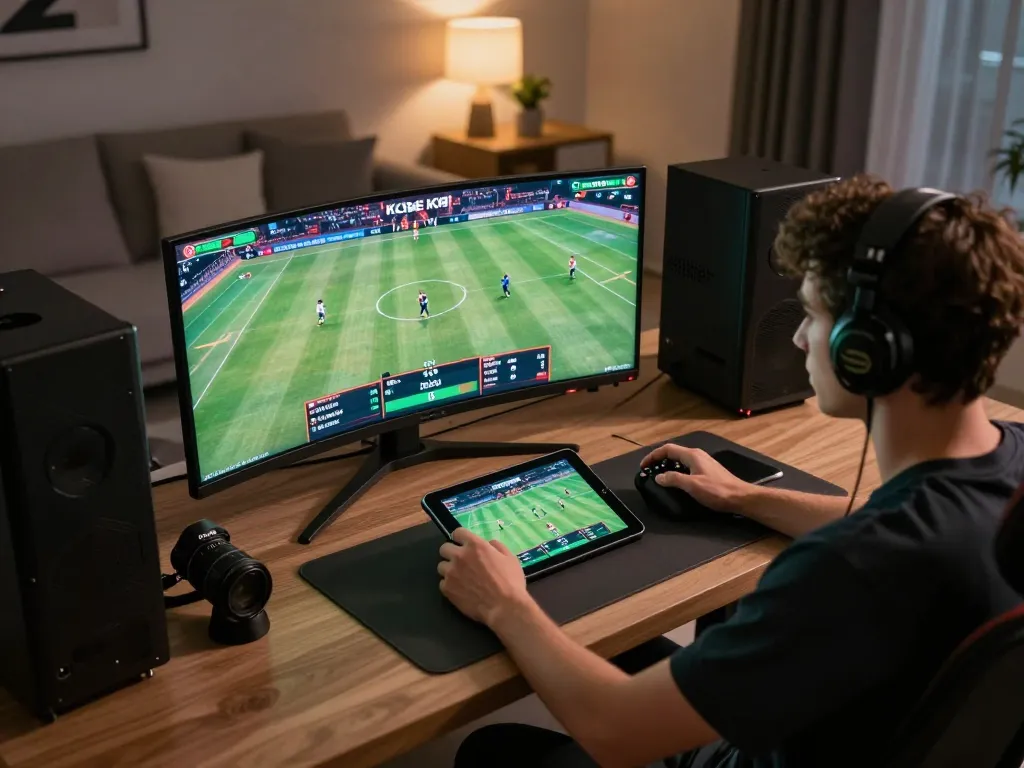 Engaging player analyzing kqbd updates on a tablet during strategic online sports betting session