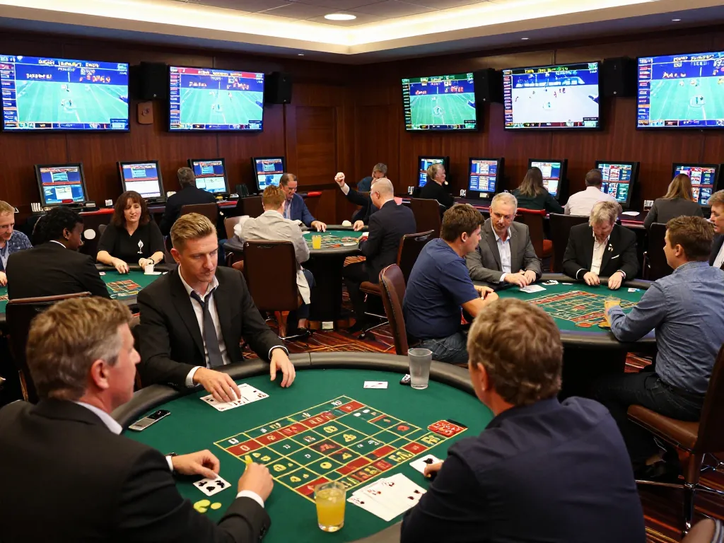 Excited patrons engaging in sports betting strategies at 79king casino, vibrant atmosphere with multiple screens and tasteful decor.