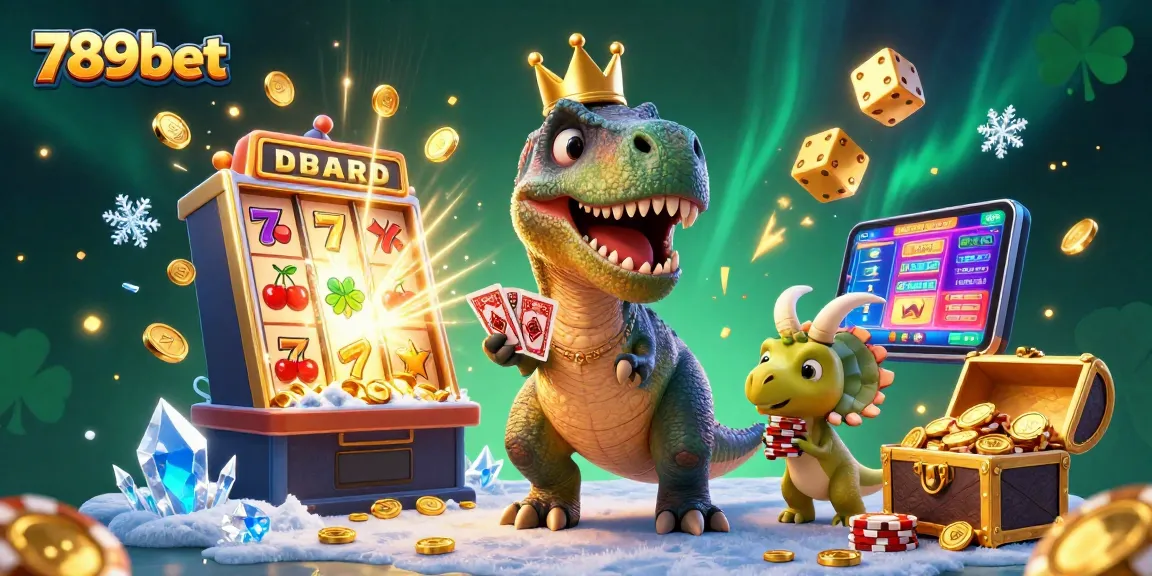 Experience thrilling casino action with 789bet’s friendly T-Rex, pterodactyl, and triceratops in a vibrant scene.