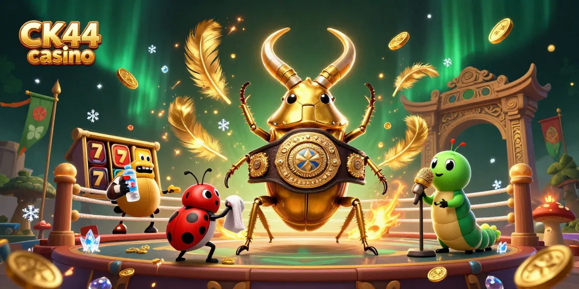 Engage with CK44 casino slots in a vibrant illustration featuring a golden stag beetle and a ladybug.