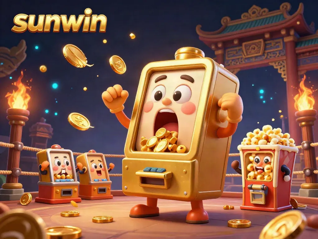Win big at sunwin with a 3D golden slot machine celebrating its jackpot in an exciting casino atmosphere.