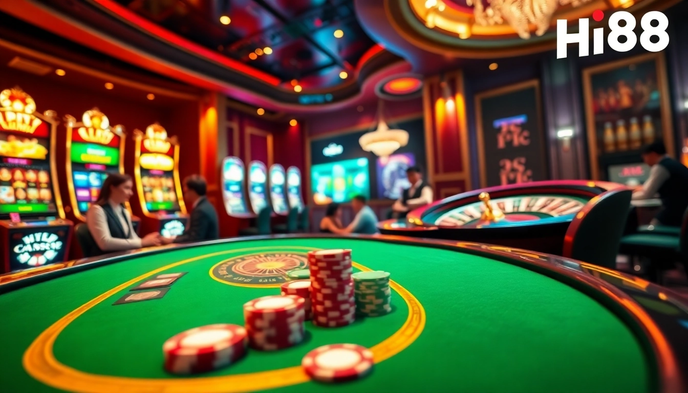 Experience high-stakes gambling action at Hi88 with colorful poker tables and vibrant slot machines.