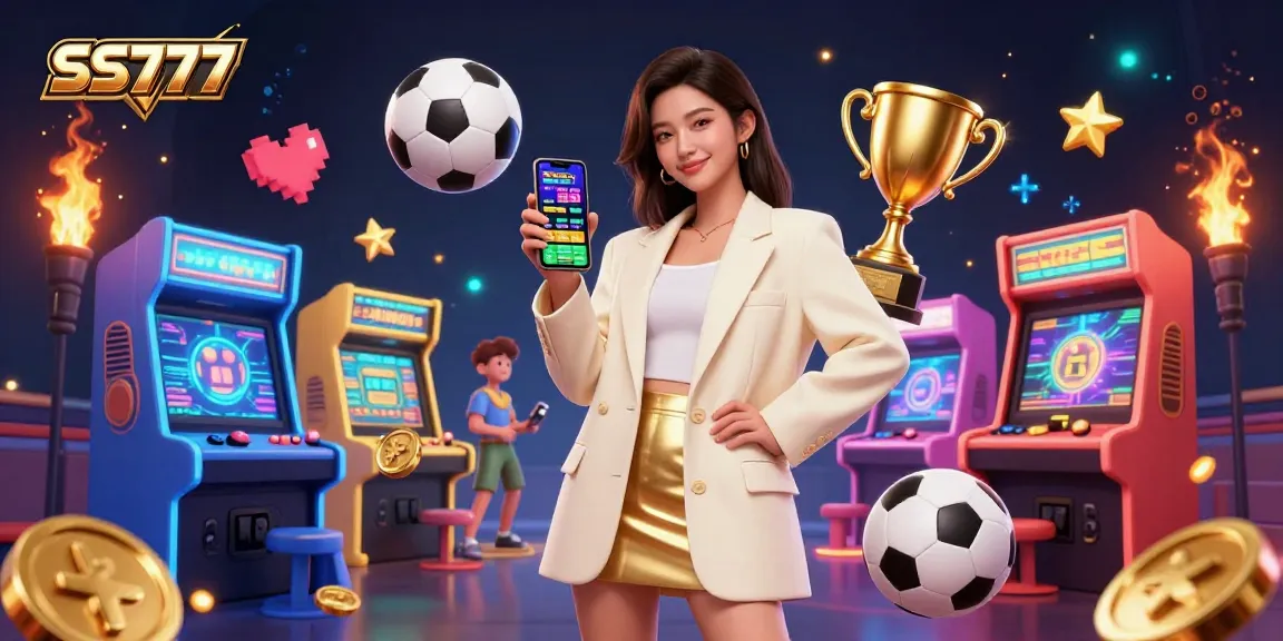 Experience the vibrant excitement of SS777 with this interactive scene showcasing a friendly Asian woman engaged in sports betting.