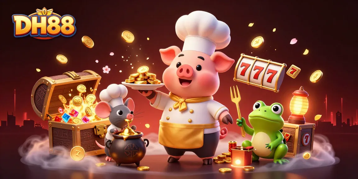 Spin to win at DH88 with a vibrant illustration featuring a pig chef and golden treasures.