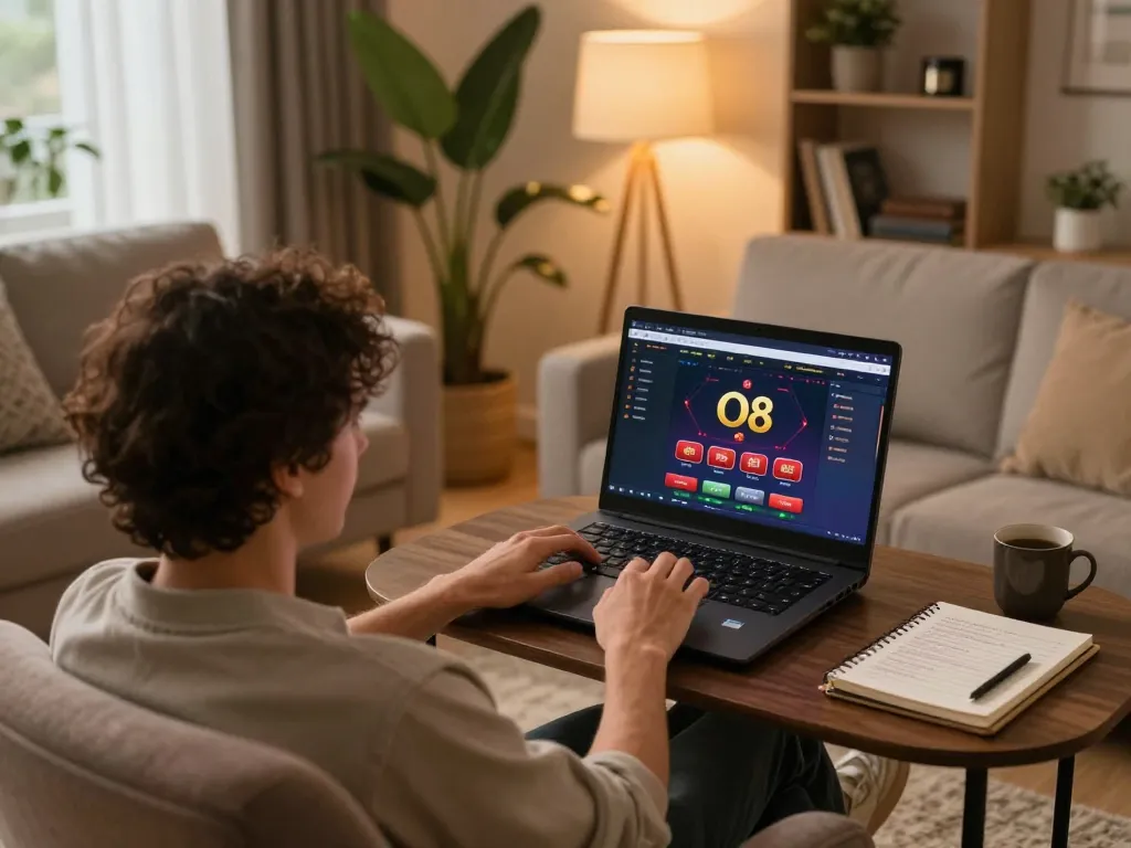 O8 player engaging in online casino gaming on a laptop in a cozy, modern setting.