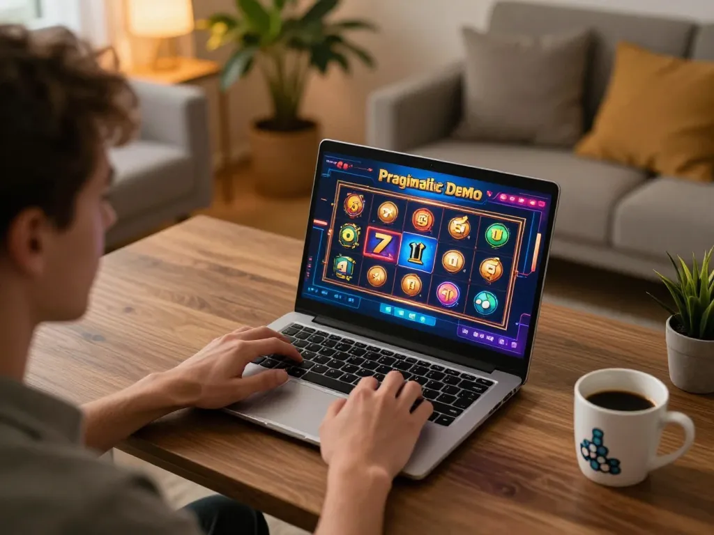 Engage with a Pragmatic Demo slot game on a laptop during a cozy home gaming session.