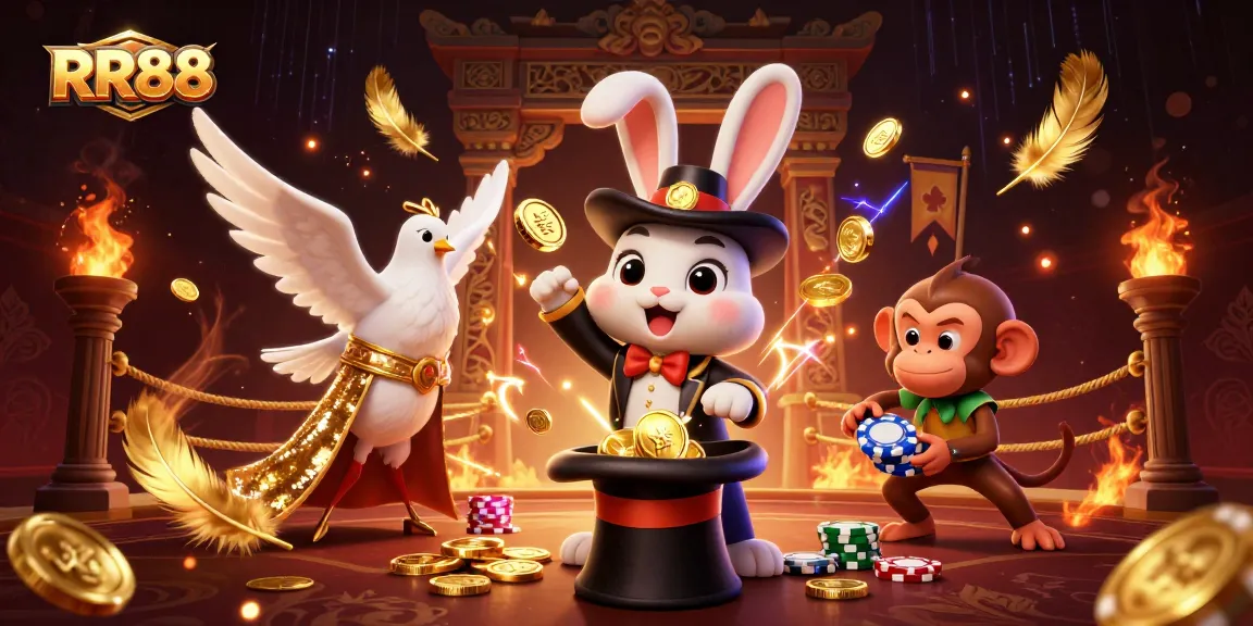 RR88 features an enchanting scene with a magician rabbit pulling coins, a glamorous dove, and a monkey with poker chips.