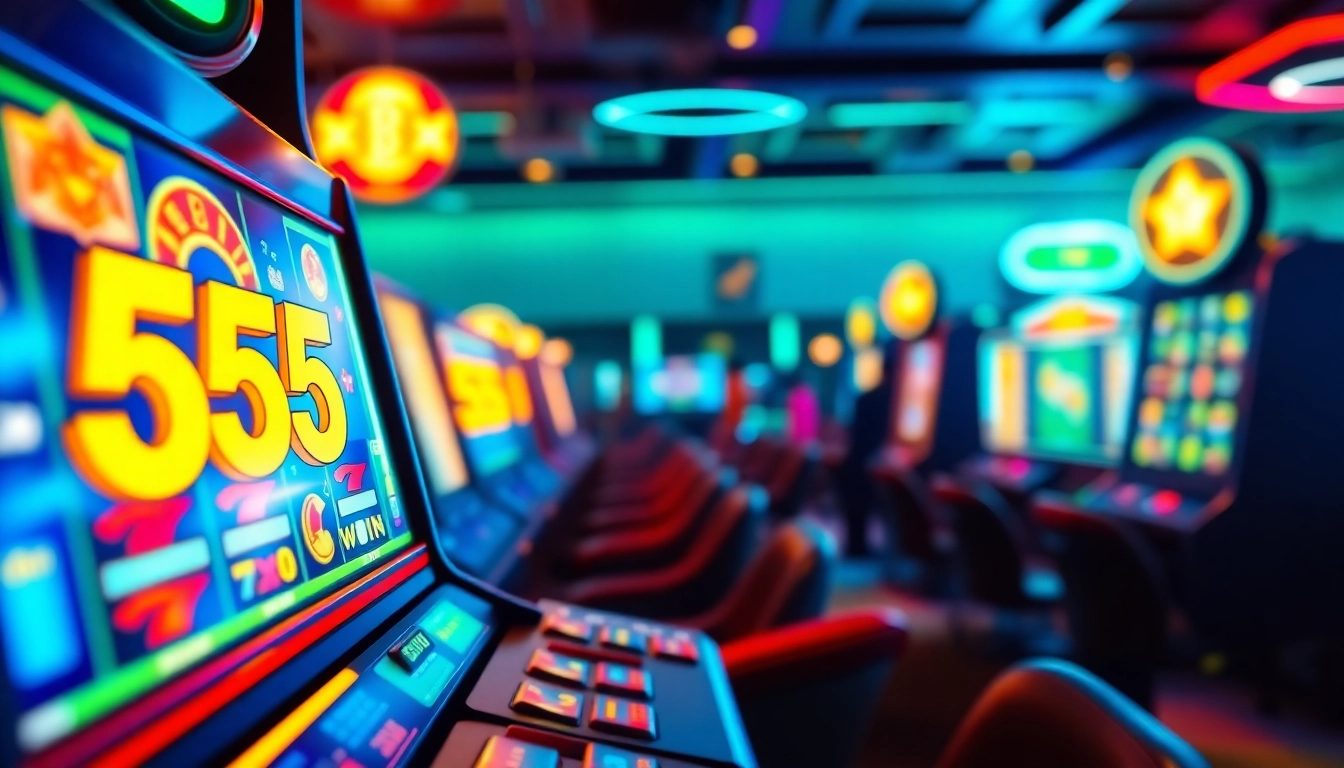 Vibrant 555win slot machine scene with neon lights and coins.