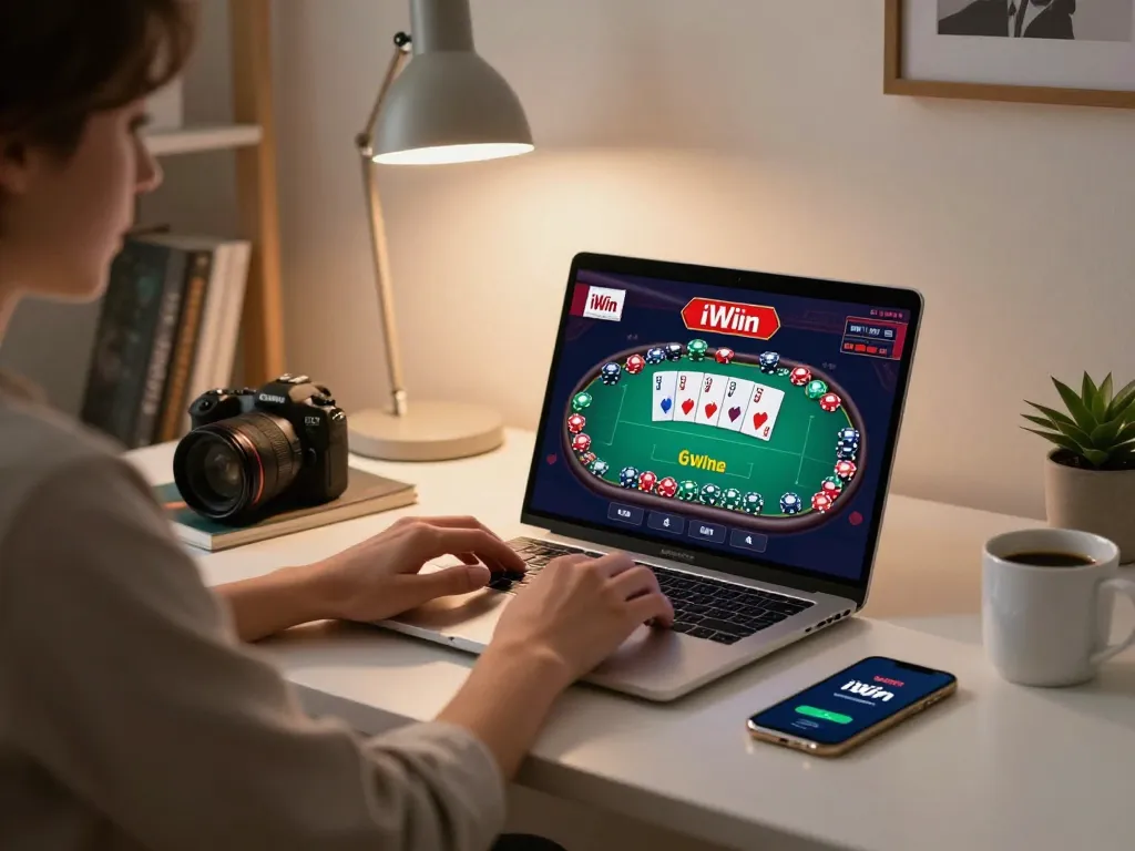 Engaging with iWin gaming in a cozy home office, displaying a vibrant poker screen and personalized setup.