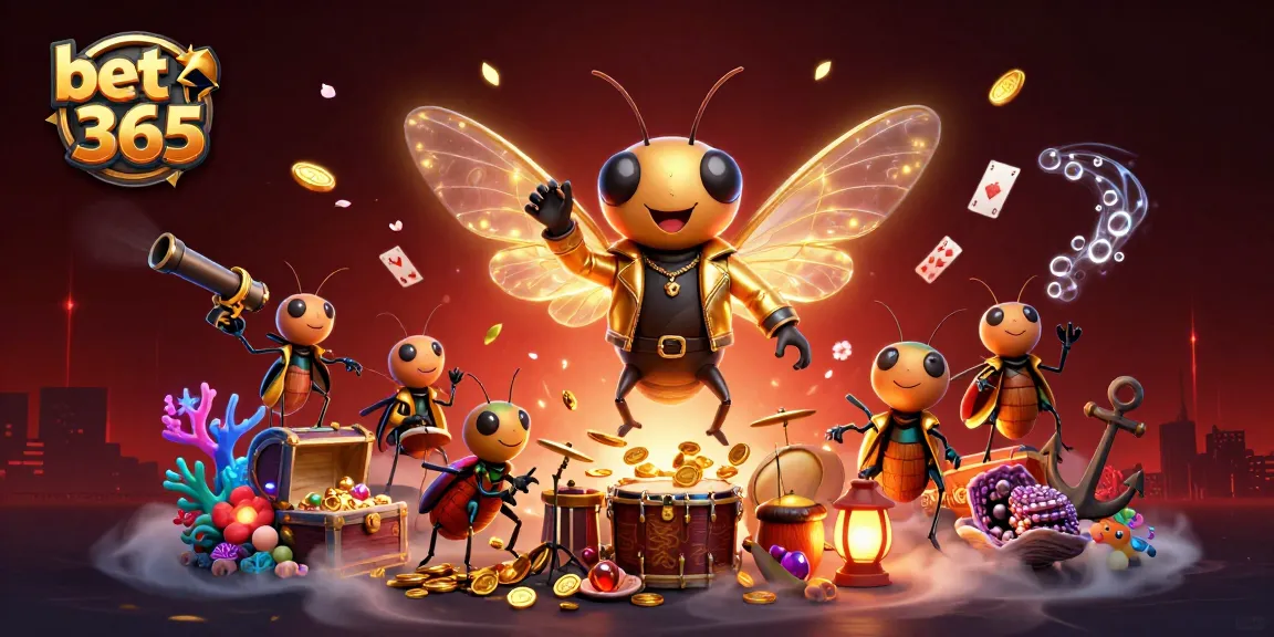 bet 365 shines in a vibrant casino scene with cartoon rock star and shimmering treasures