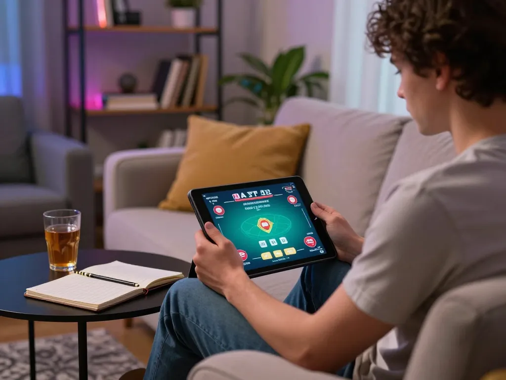 Player engaging with CAKHIATV on tablet during a cozy home poker night, showcasing strategic gameplay