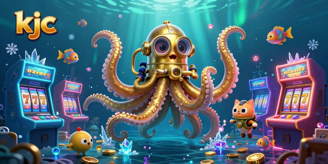 Experience thrilling gameplay with kjc's vibrant 3D illustration featuring a kraken, diving cat, and arcade games.