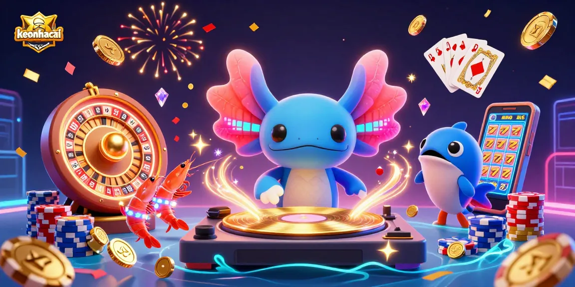 Experience thrilling victories with keonhacai in this vibrant casino-themed scene featuring an axolotl DJ and dynamic game elements.