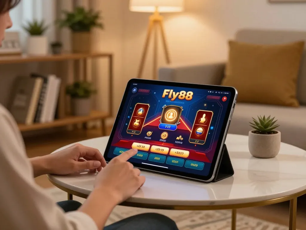 Engaging in online gaming with fly88 on a tablet in a cozy home setting.