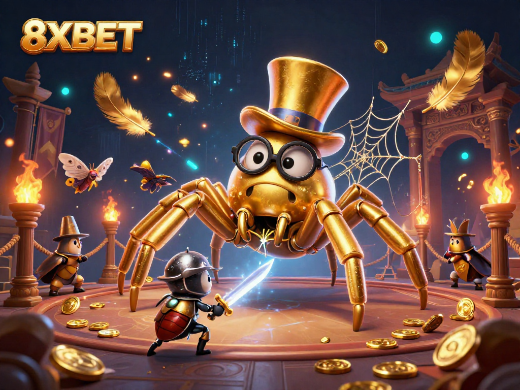 8XBET invites players into an enchanting 3D scene with a giant golden tarantula and a beetle knight amidst mesmerizing casino visuals.