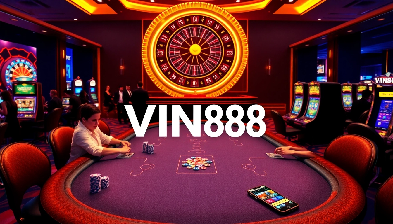 Excited players engaging in high-stakes poker at VIN88's vibrant casino.