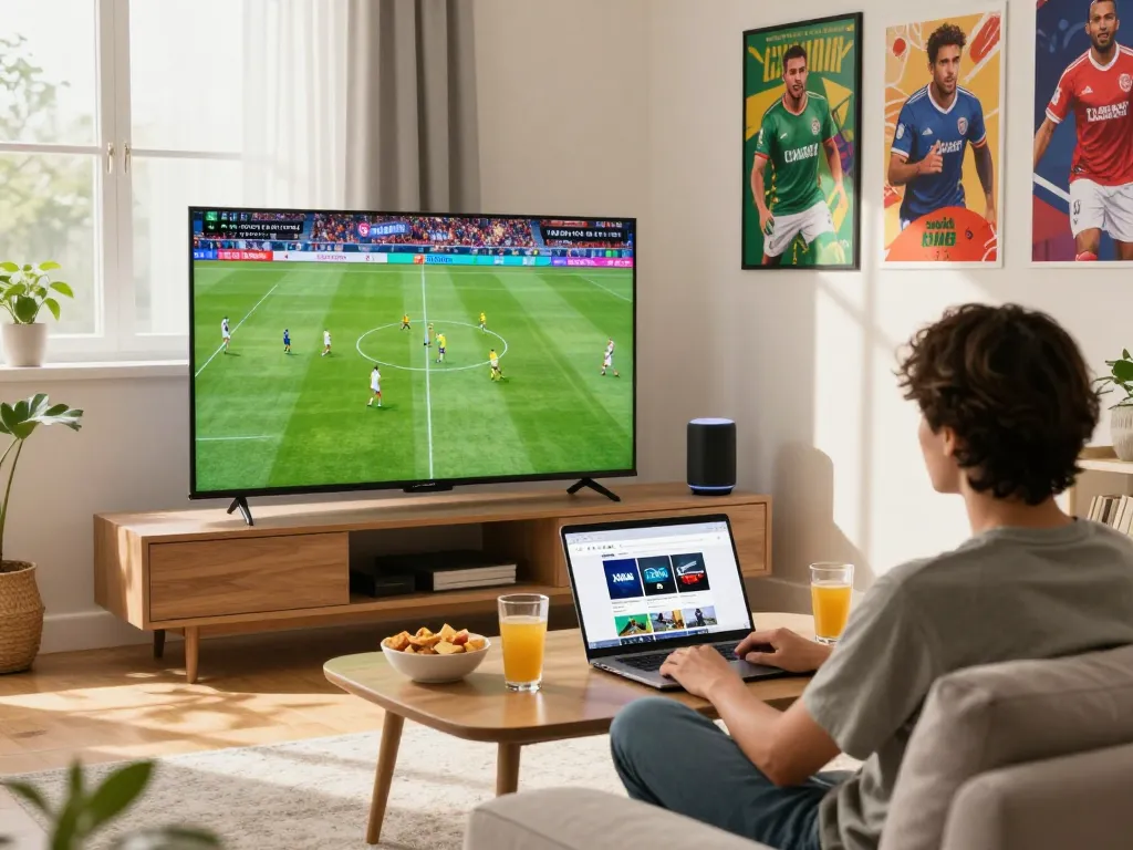 Xoilac online football streaming experience with a viewer enjoying a live match in a modern living room.