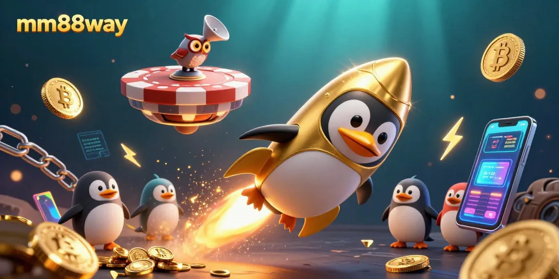 Engage with the exciting mm88way adventure featuring a golden penguin at a casino space station.