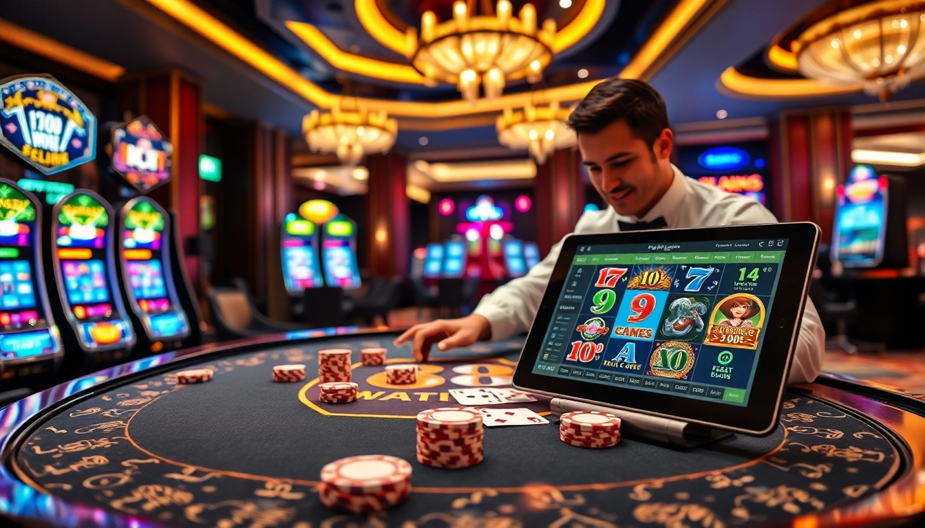 Experience the luxury of gambling at 8KBET with vibrant gaming tables and slot machines.