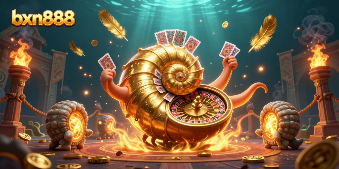 Engage with bxn888's thrilling casino experience featuring a golden roulette wheel nautilus.