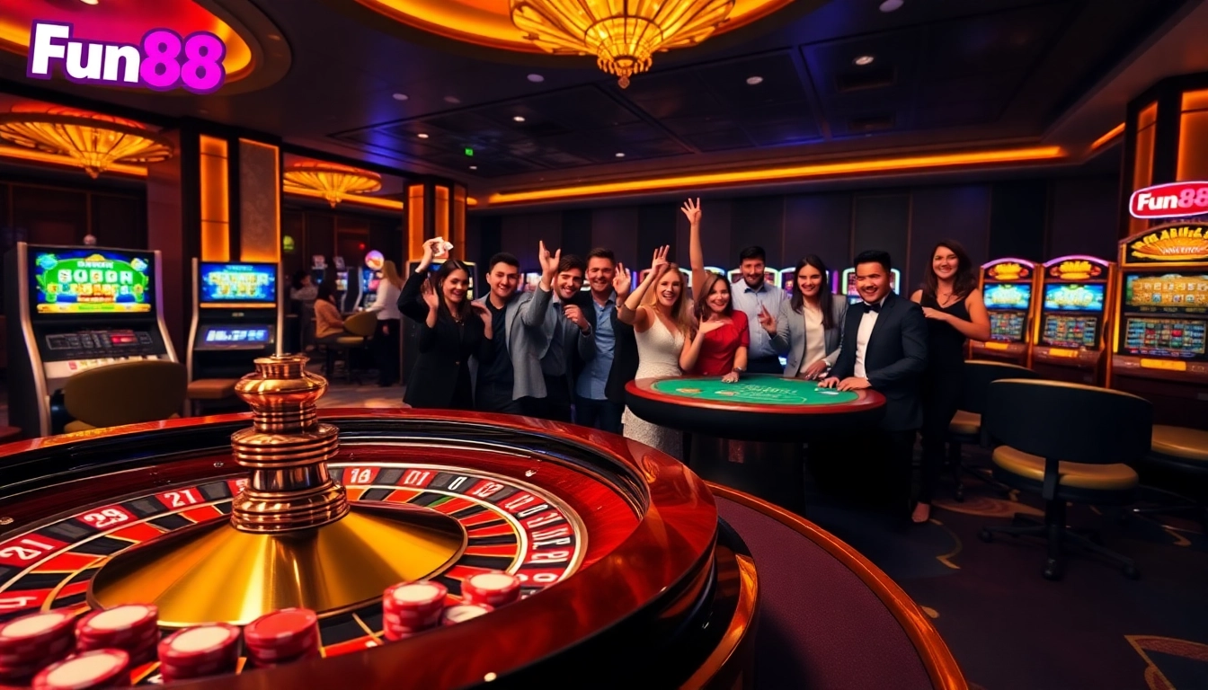 Experience excitement at Fun88's luxurious casino with thrilling roulette and enthusiastic players celebrating wins.