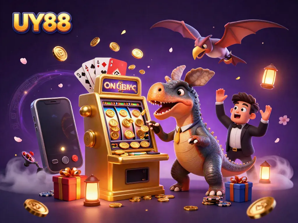 Hình ảnh UY88 thể hiện khung cảnh sôi động của sòng bạc trực tuyến với các nhân vật đáng yêu.