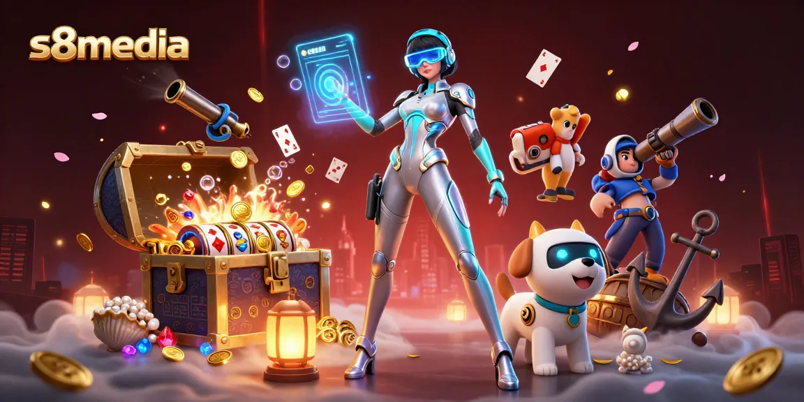Spin the reels with s8media's vibrant casino scene filled with treasures and excitement.