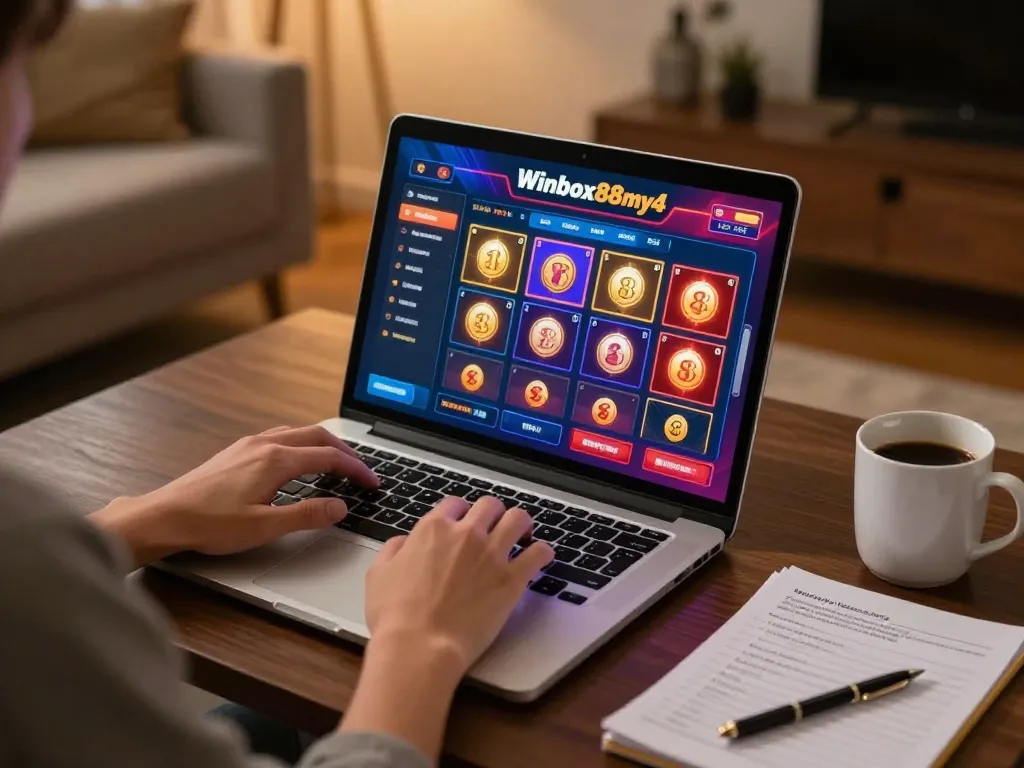 Engaging gaming moment on Winbox88my4, showcasing online casino interface and comfortable home setting.