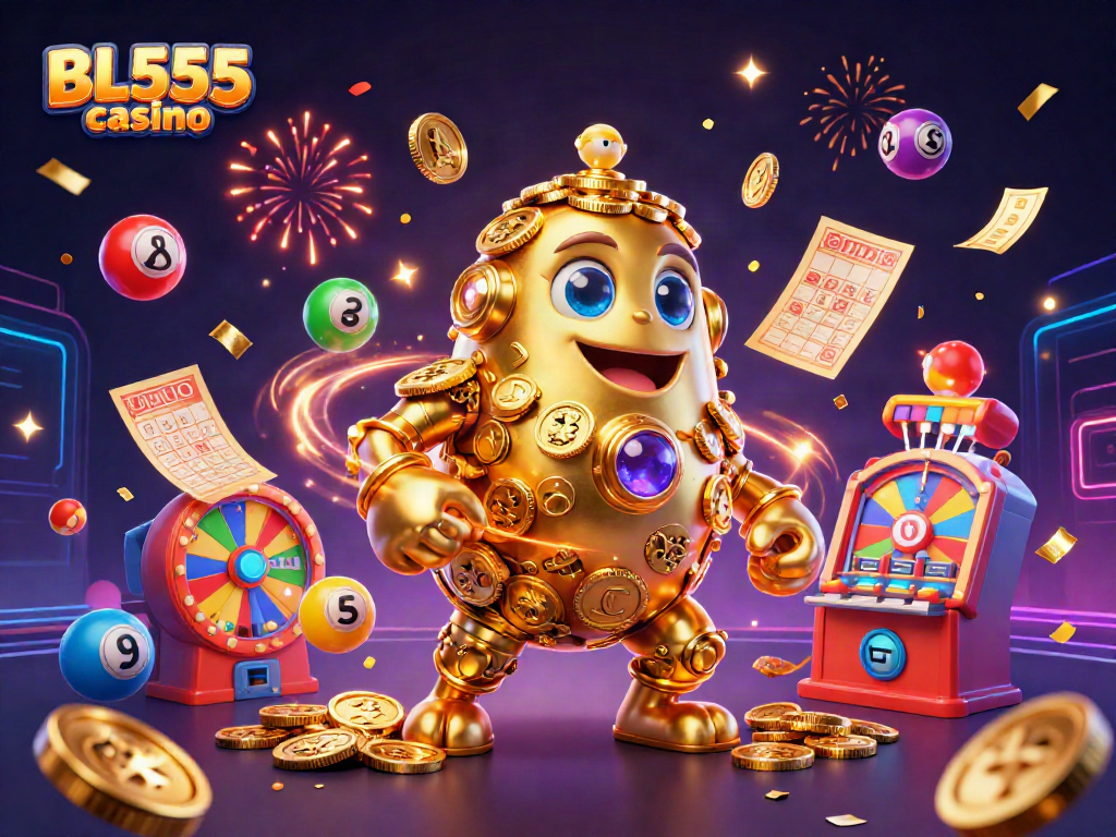 Experience the excitement of BL555 casino with vibrant casino elements and a dynamic golden golem.