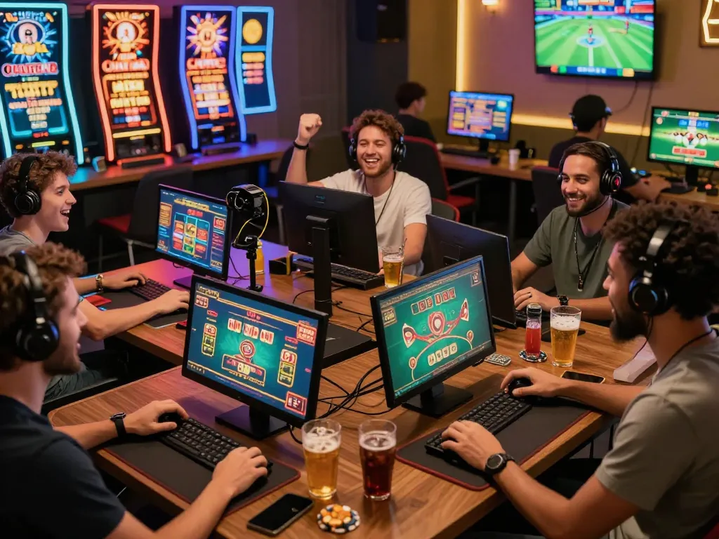 Win138 players enjoying a competitive online gaming session with vibrant screens and snacks.