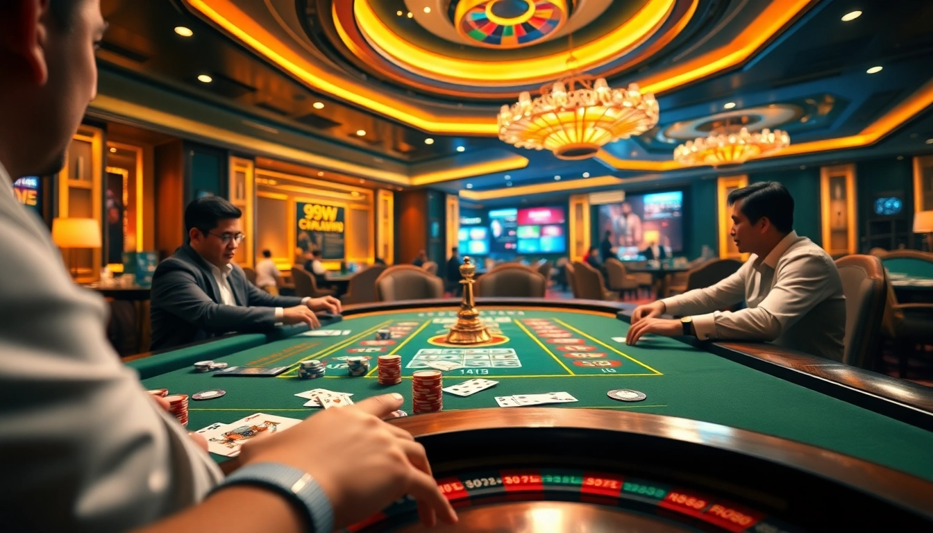 Excited players engaging in poker at the 99WIN casino table, vivid game scene.