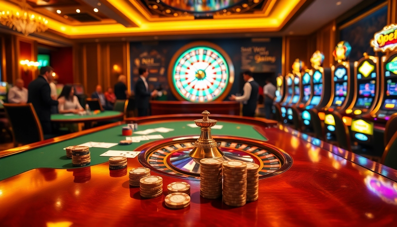 Dynamic gaming scene at 9BET showcasing vibrant casino tables, chips, and a spinning roulette wheel.