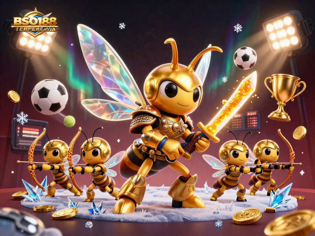 BSO188 TERPERCAYA showcases a dynamic sports scene with a golden hornet and engaging gambling elements.