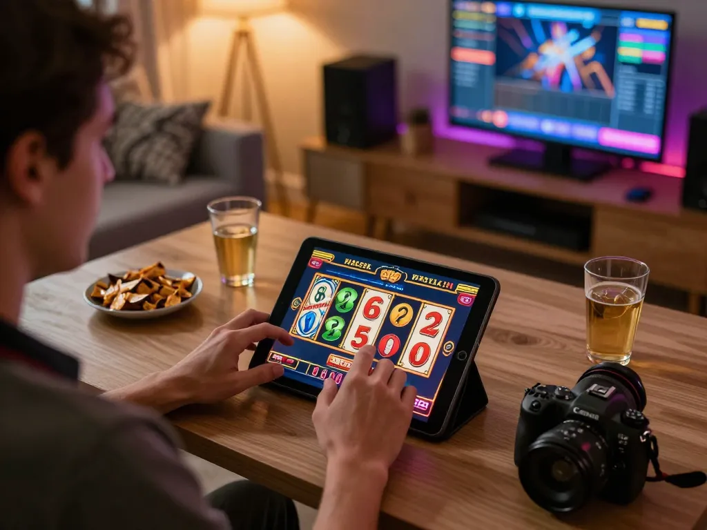Player enjoying dynamic slot games at home with TG88 gaming tablet in stylish setting.