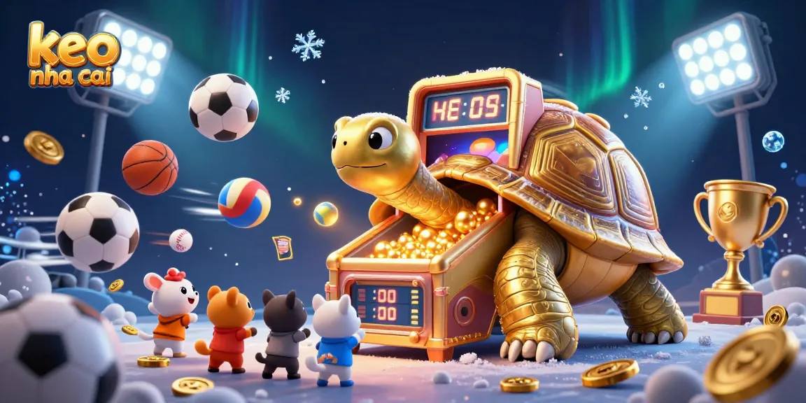Engaging keo nha cai illustration showing a golden tortoise pinball machine surrounded by dynamic sports elements.