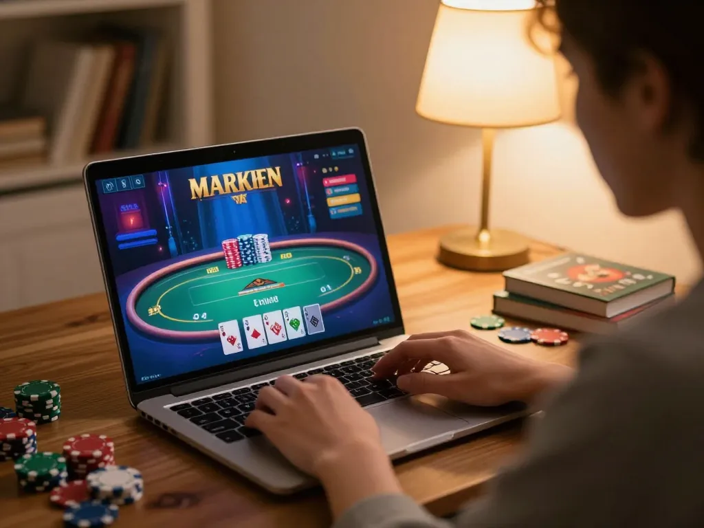 Person gaming on 98win9 platform with vibrant poker interface in cozy home setting.